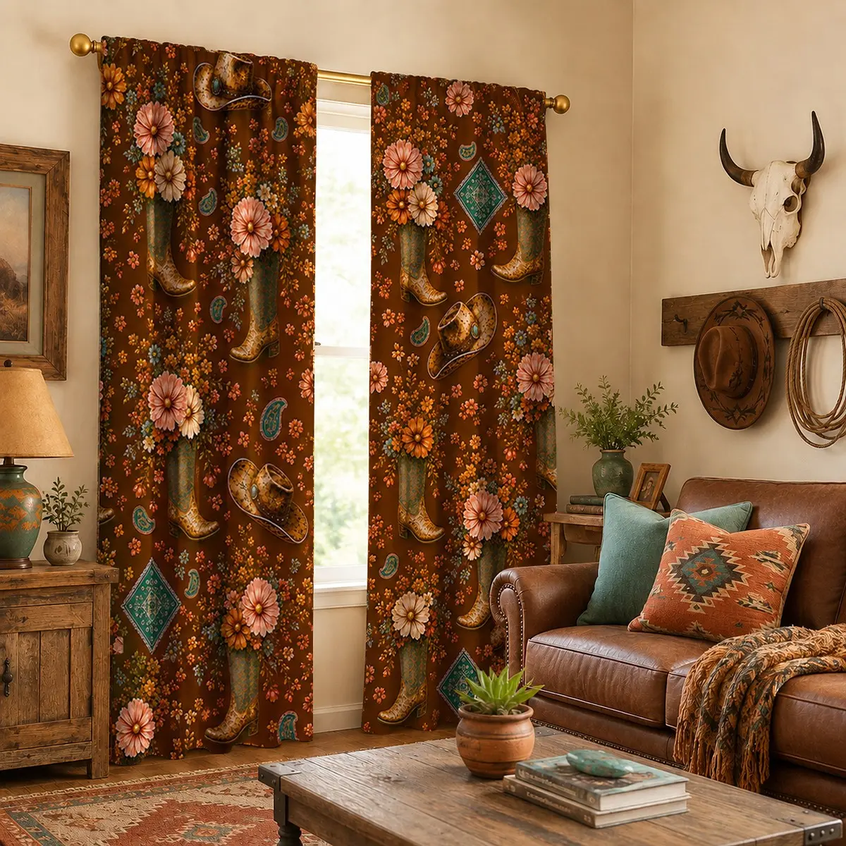 2pcs American Western cowboy curtains with vintage floral print featuring cowboy boots and hats, pocket rod installation, digitally printed semi-blackout curtains, suitable for living rooms, bedrooms, outdoor spaces, and home décor.