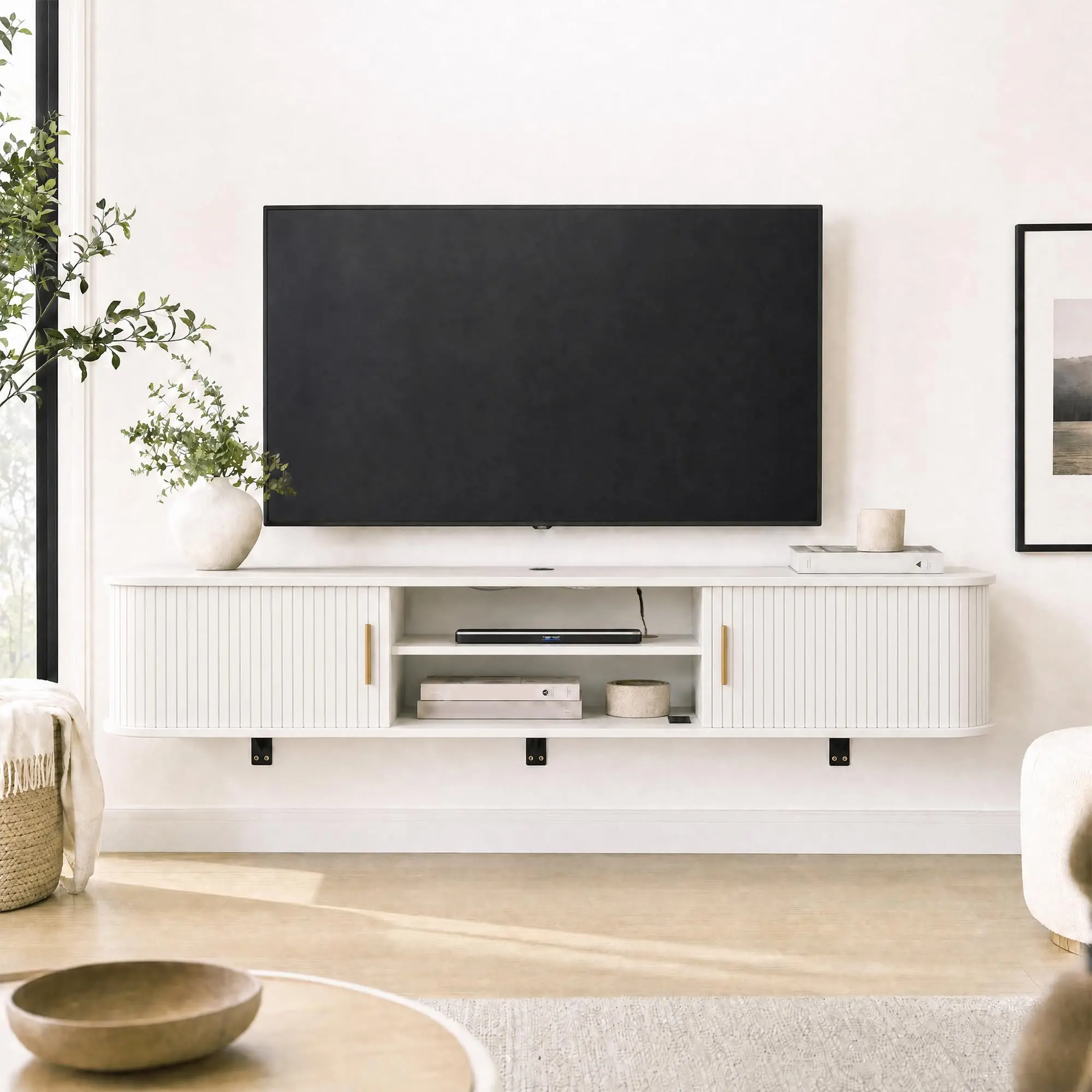 Garvee 70" Floating Entertainment Center with Fluted Design, Suitable for Screens up to 80 Inches, Offering Modern Aesthetic and Space-Saving Wall-Mounted Storage Solution