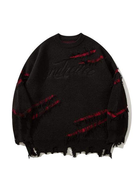 Men's Regular Fit Letter Embroidery Raw Hem Ripped Drop Shoulder Sweater, Casual Soft Comfy Long Sleeve Round Neck Crewneck Jumper For Fall & Winter, Men's Knitwear Top For Daily Wear