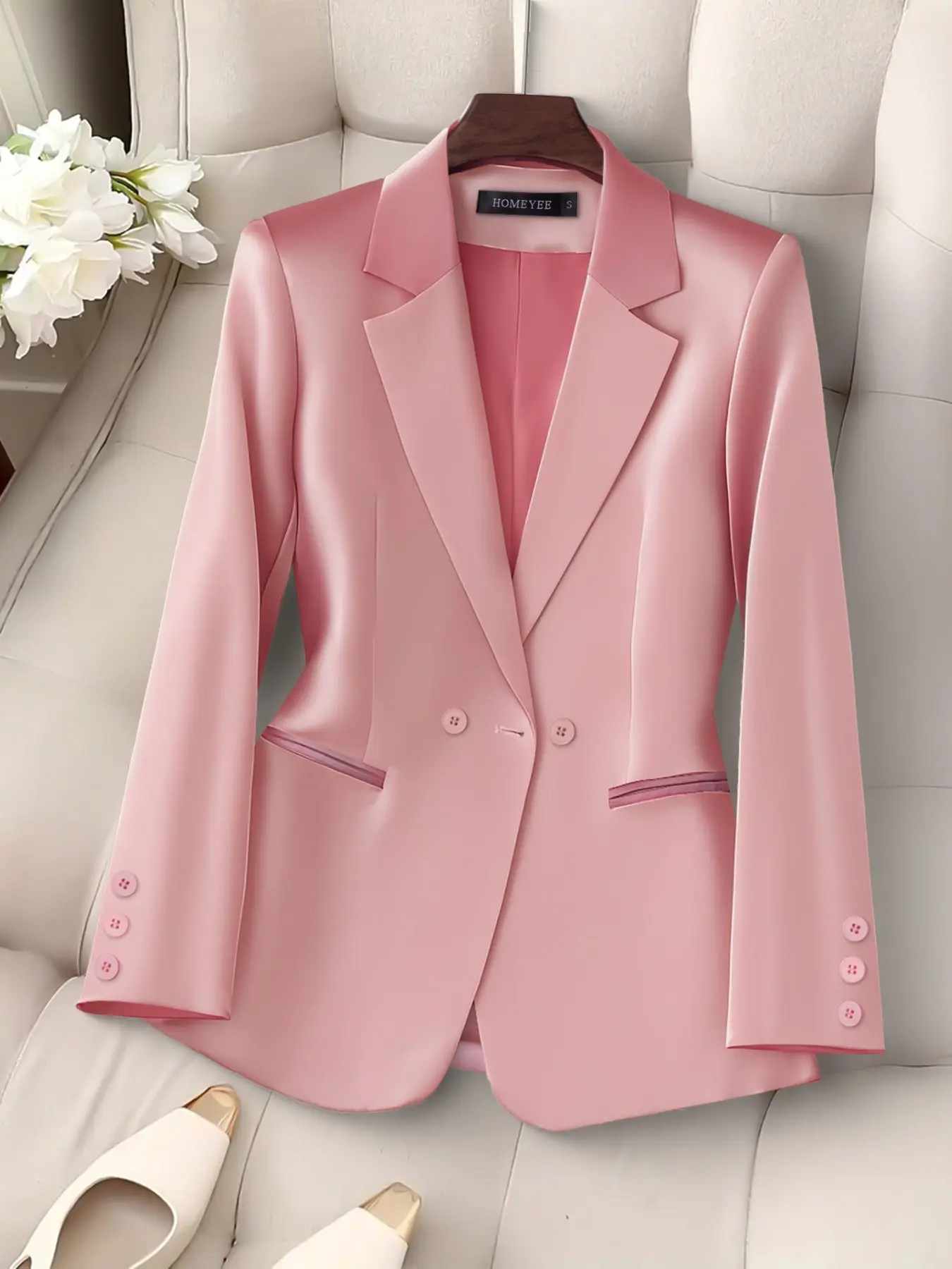 Women Dusty Pink Satin Blazer, Notched Lapel Double Breasted 2 Button Suit Jacket, Shiny Acetate Texture Slim Fit Tailored Coat, Contrast Piped Pocket Fully Lined Long Sleeve Outerwear for Office, Business Meeting, Wedding Guest, Cocktail Party & Dinner D