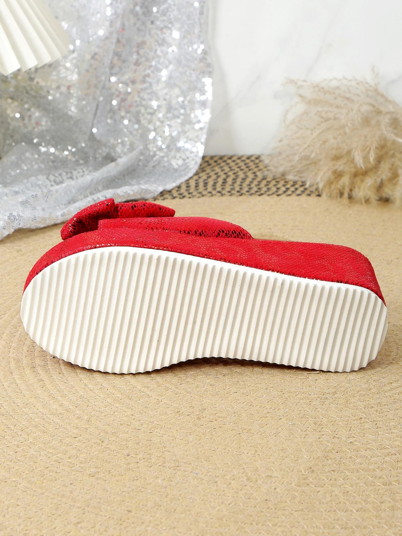 Women's Fashion //burgundy Bow Thick Sole Wedge Sandals, Summer Outdoor Y2K Style, Lightweight Comfortable Footwear