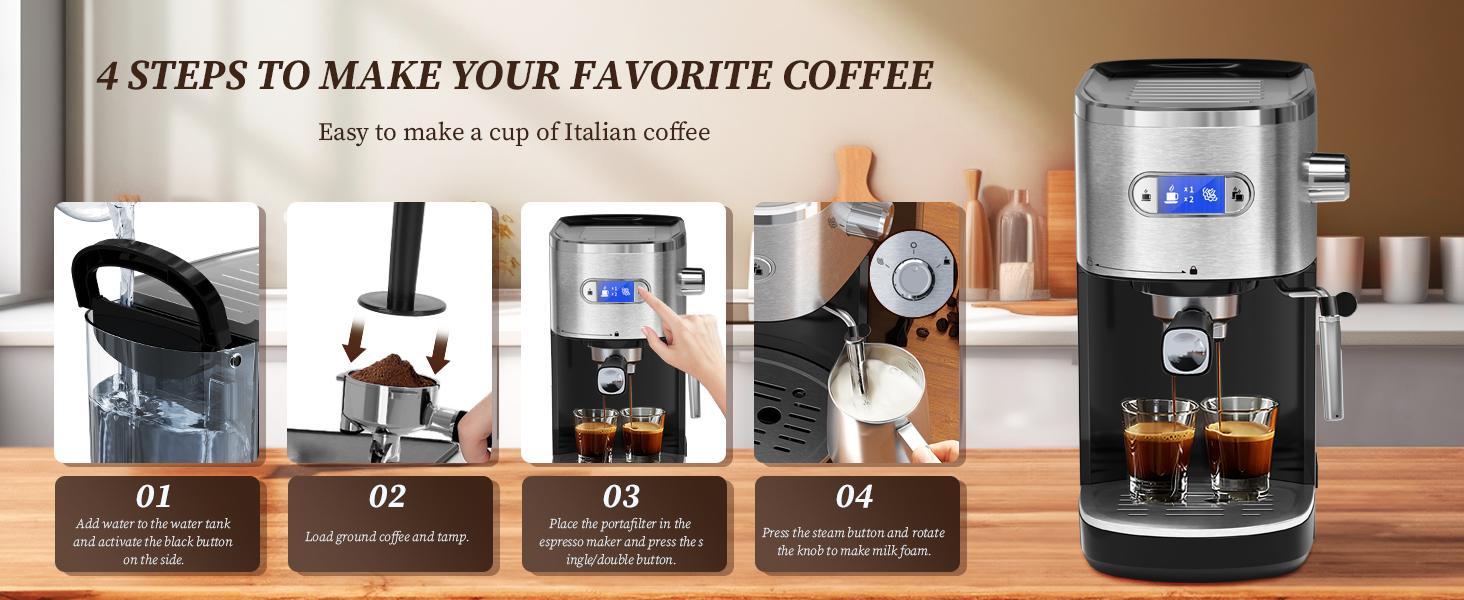 Espresso Coffee Maker Machine, 20 BAR Professional Espresso Maker with Milk Frother Steam Wand, 40-1/2 Oz Removable Water Tank, PCB Temperature Control, Compact Coffee Machine for Cappuccino, Latte,1350W