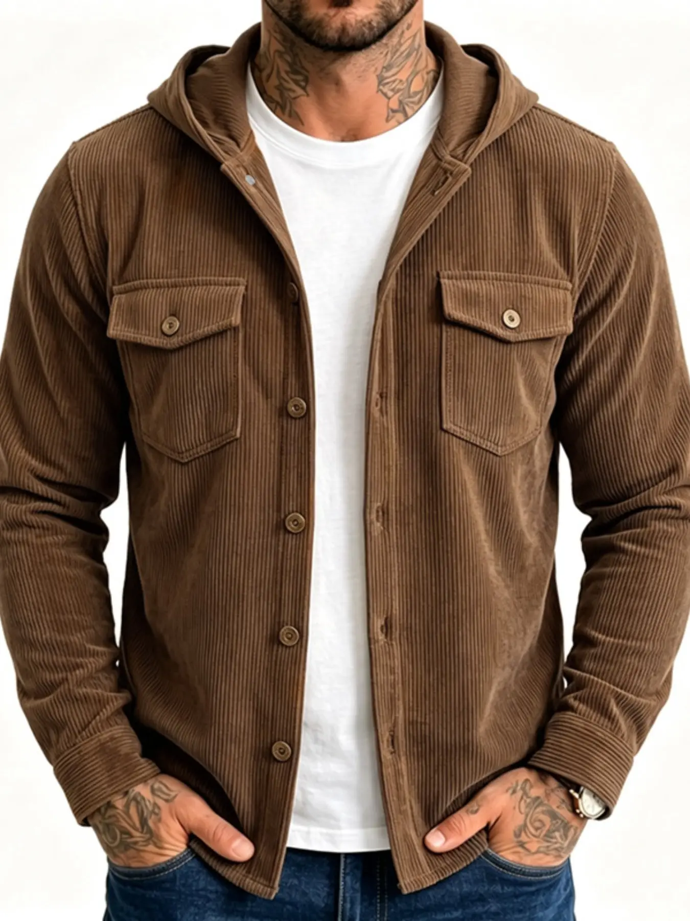 Men's Hooded Corduroy Shirt Jacket, Button Down Long Sleeve Shacket with Chest Flap Pockets, Casual Functional Outerwear, Casual Lightweight Outerwear, Soft Vertical Striped Hooded Coat for Men Multiple Colors