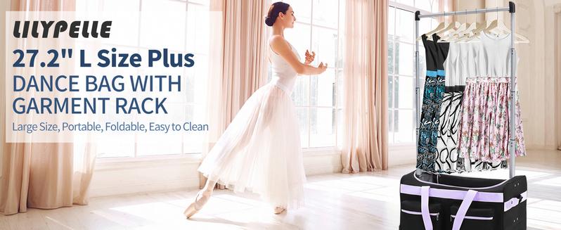 Lilypelle 23"/27" Dance Bag with Garment Rack, Collapsible Rolling Duffel with Wheels – Travel Bag for Competitions, Shows, and Performances