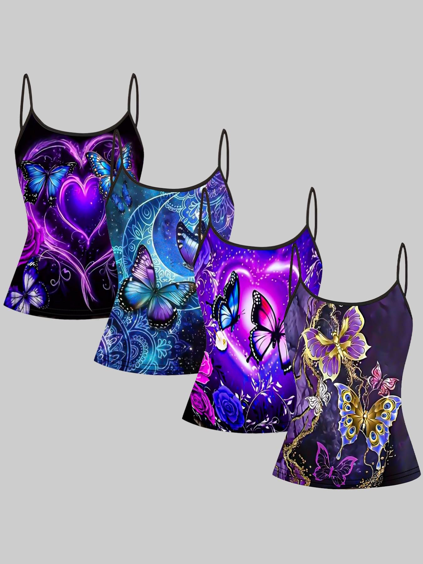 Butterfly Heart Print Adjustable Straps, Casual Sleeveless Slim-Fit Top, Home Wear & Outerwear, 4-Piece Set