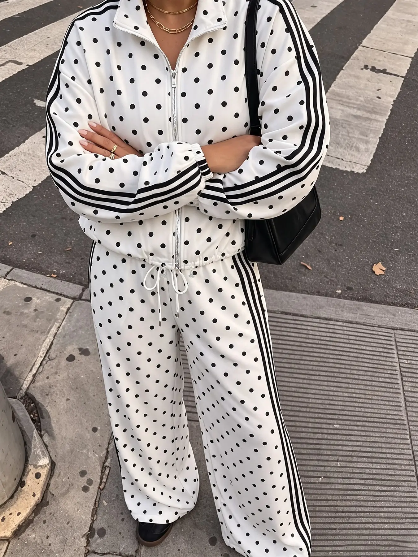 Fashion polka dot three-stripe casual set: retro stand collar, Long sleeve jacket and wide-leg sports pants two-piece set, Silky soft fabric, trendy Y2K streetwear sporty casual style, perfect for everyday errands, street shots, and coffee dates