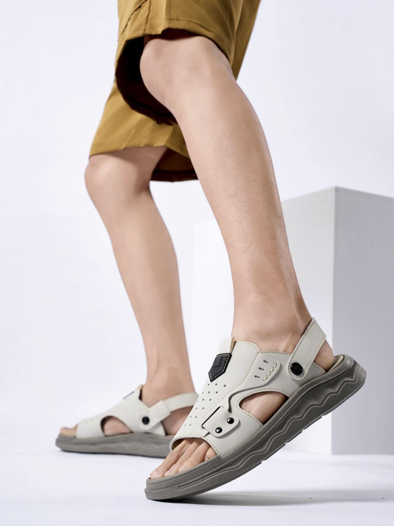 Men's Solid Color Dual-Wear Velcro Closed-Toe Sandals Thick-Soled Breathable Beach Shoes Non-Slip Wear-Resistant Outdoor Water-Resistant Sandals