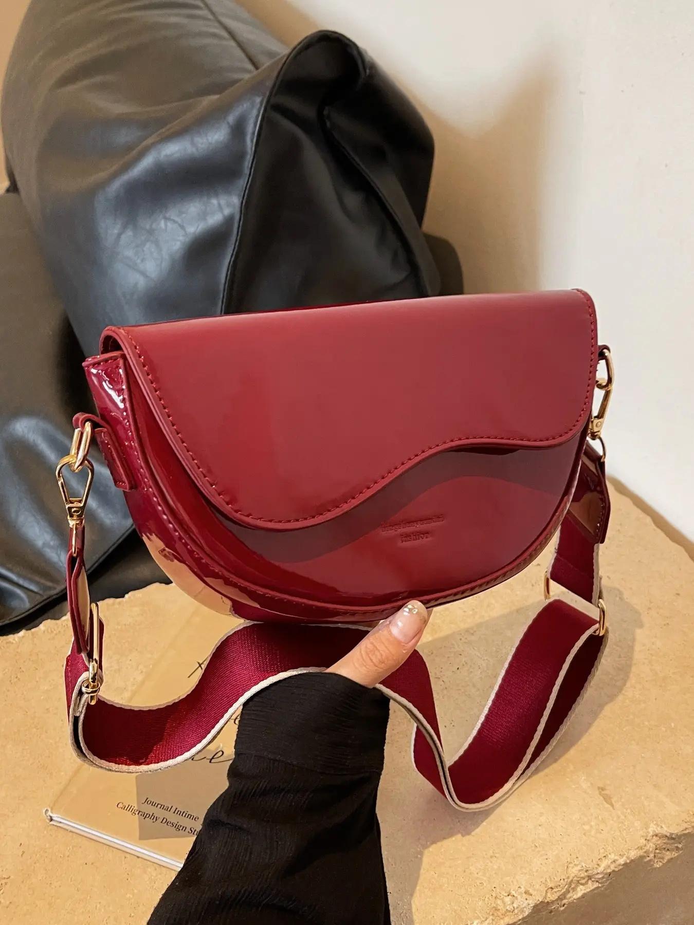 Women's Retro Solid Color Saddle Bag, Wide Shoulder Strap Messenger Bag, Fashionable Classic Popular Shoulder Bag, Suitable for Daily Outing