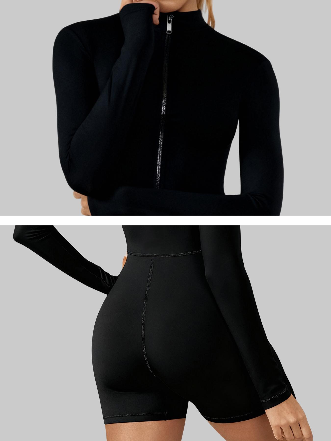 Women's Long Sleeve Zipper Stand Collar Yoga Pantsuit, High Elasticity Soft Fabric, Sporty Above-The-Knee Design for Fall & Winter, Workout Jumpsuit