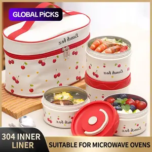 Cherry Pattern Set, 1 Set Including Lunch Box & Insulated Bag & Spoon & Chopsticks, Leakproof Insulated Lunchbox, Portable Lunch Container for Home Office School, Leakproof Food Containers