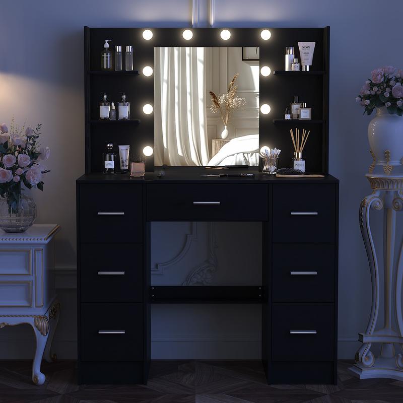 Black LED Dressing Mirror Makeup Table Bedroom Vanity Unit Set with 7 Drawers