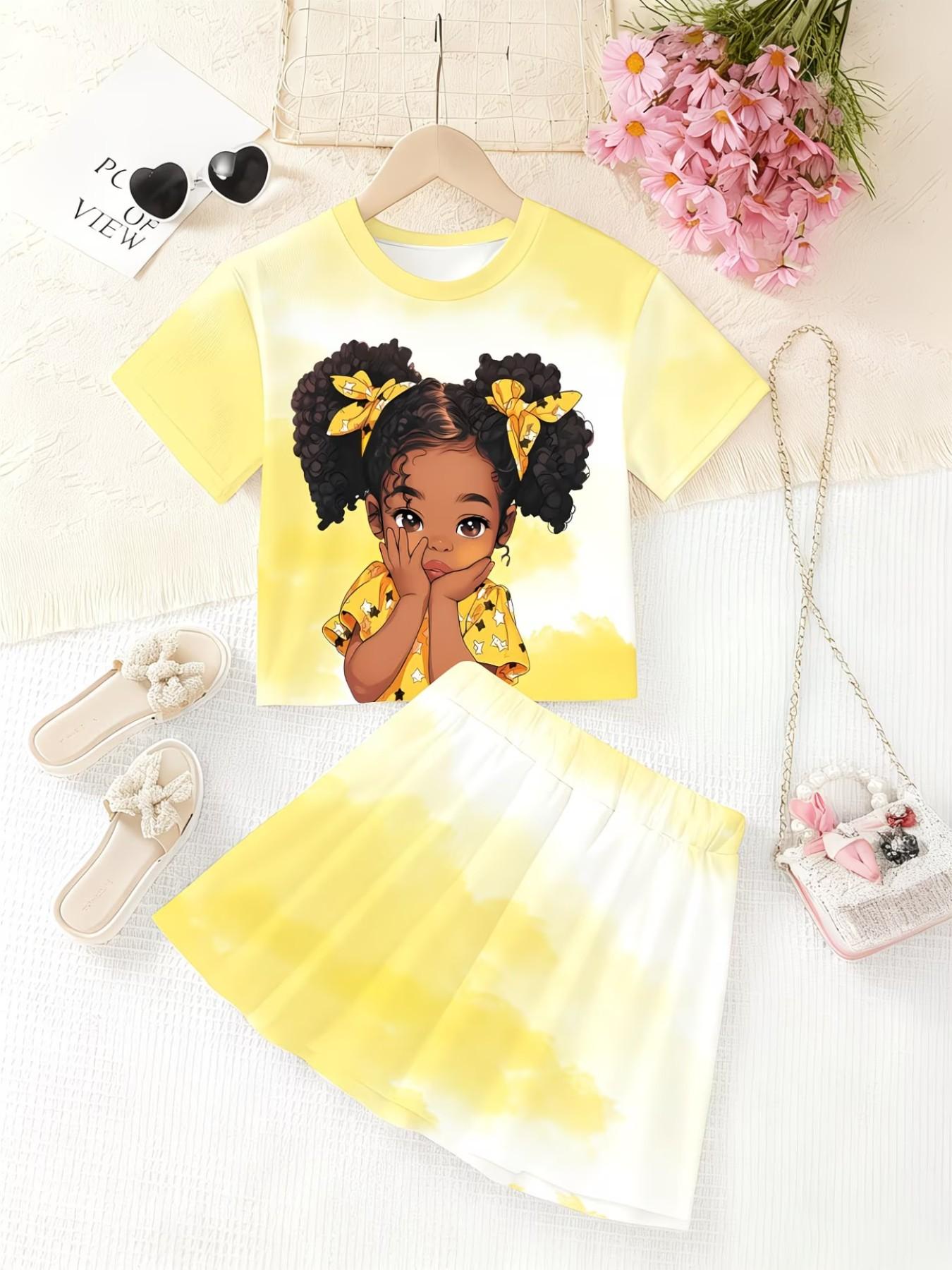 Girls' 3D Printed Sweet Pattern Top and Skirt Set, Summer Casual, Round Neck Short Sleeve, Two-Piece Ensemble
