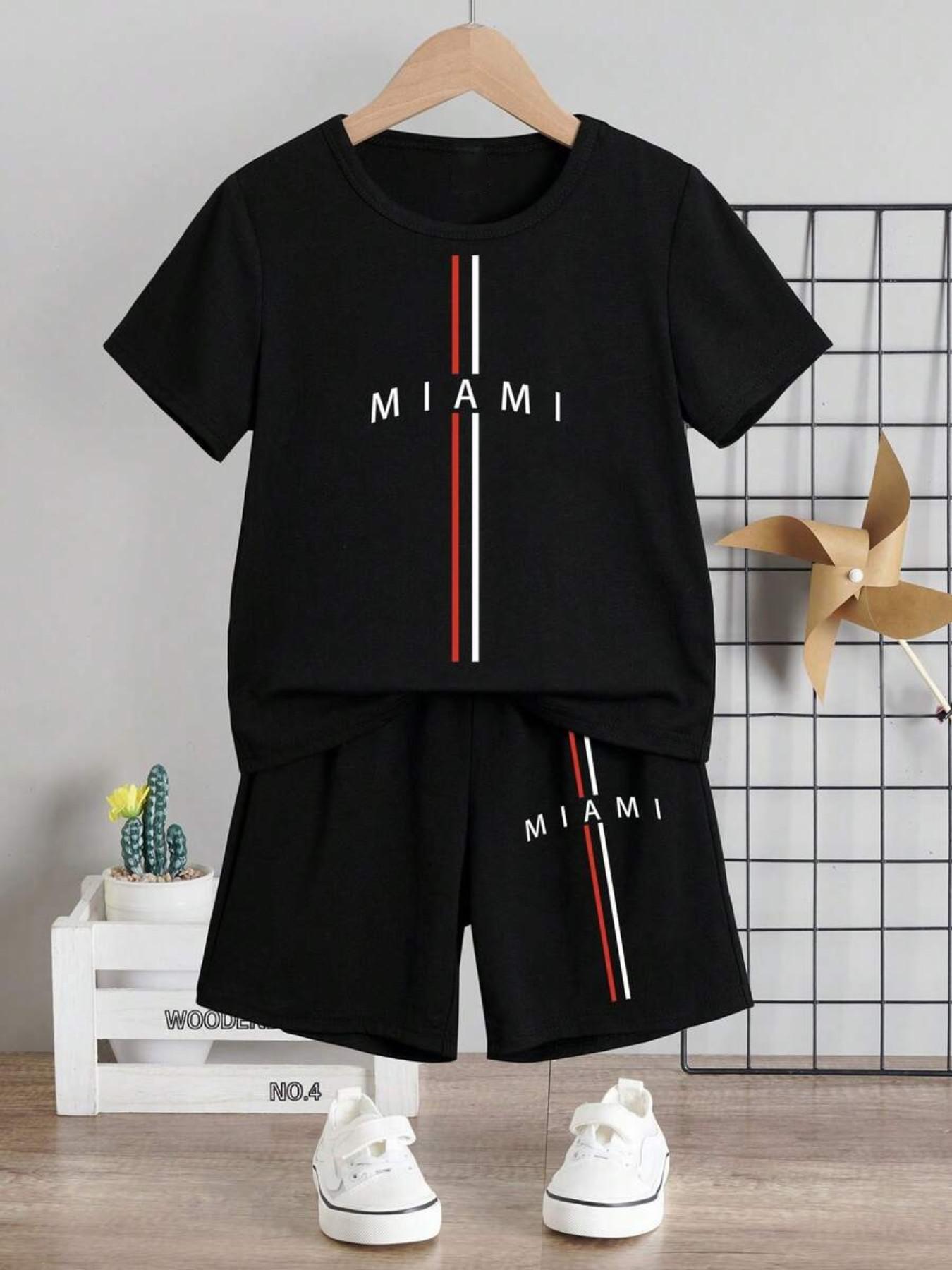 Boys' Casual Striped Miami City Name Print Short Sleeve T-Shirt & Shorts Set, Summer Daily Wear, Youth Fashion Two-Piece, Clothing Sets, Outfit