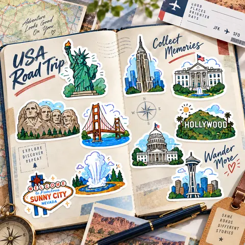 Reflective American Landmark Decal Set - USA Travel Souvenir Vinyl Stickers, Premium Adhesive Labels for Laptops, Suitcases, Scrapbooks and Outdoor Items
