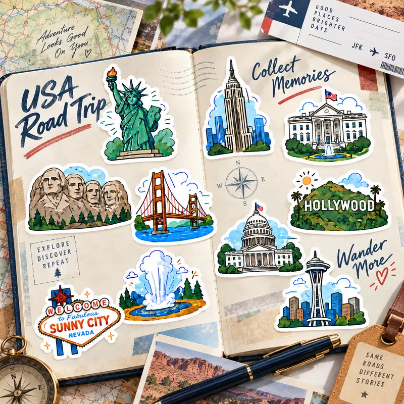 Reflective American Landmark Decal Set - USA Travel Souvenir Vinyl Stickers, Premium Adhesive Labels for Laptops, Suitcases, Scrapbooks and Outdoor Items