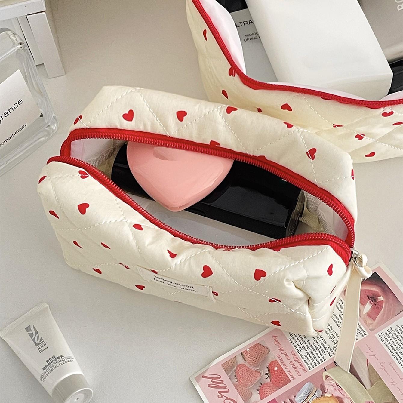 3/1Pcs Quilted Heart Pattern Travel Makeup Bag, Large Capacity Portable Cosmetic Bag, Ideal for Women/girls, Perfect Gift for Travel