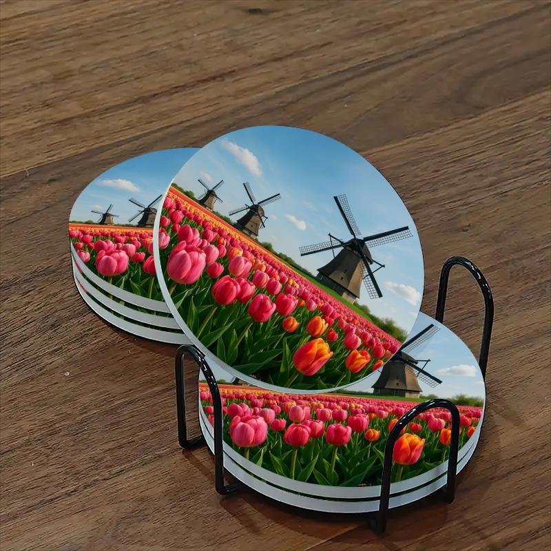 6-Piece Coaster Set Windmill Tulip Design Ceramic Non-Slip Heat Resistant for Coffee & Drinks Home Restaurant Decor Ideal Gift