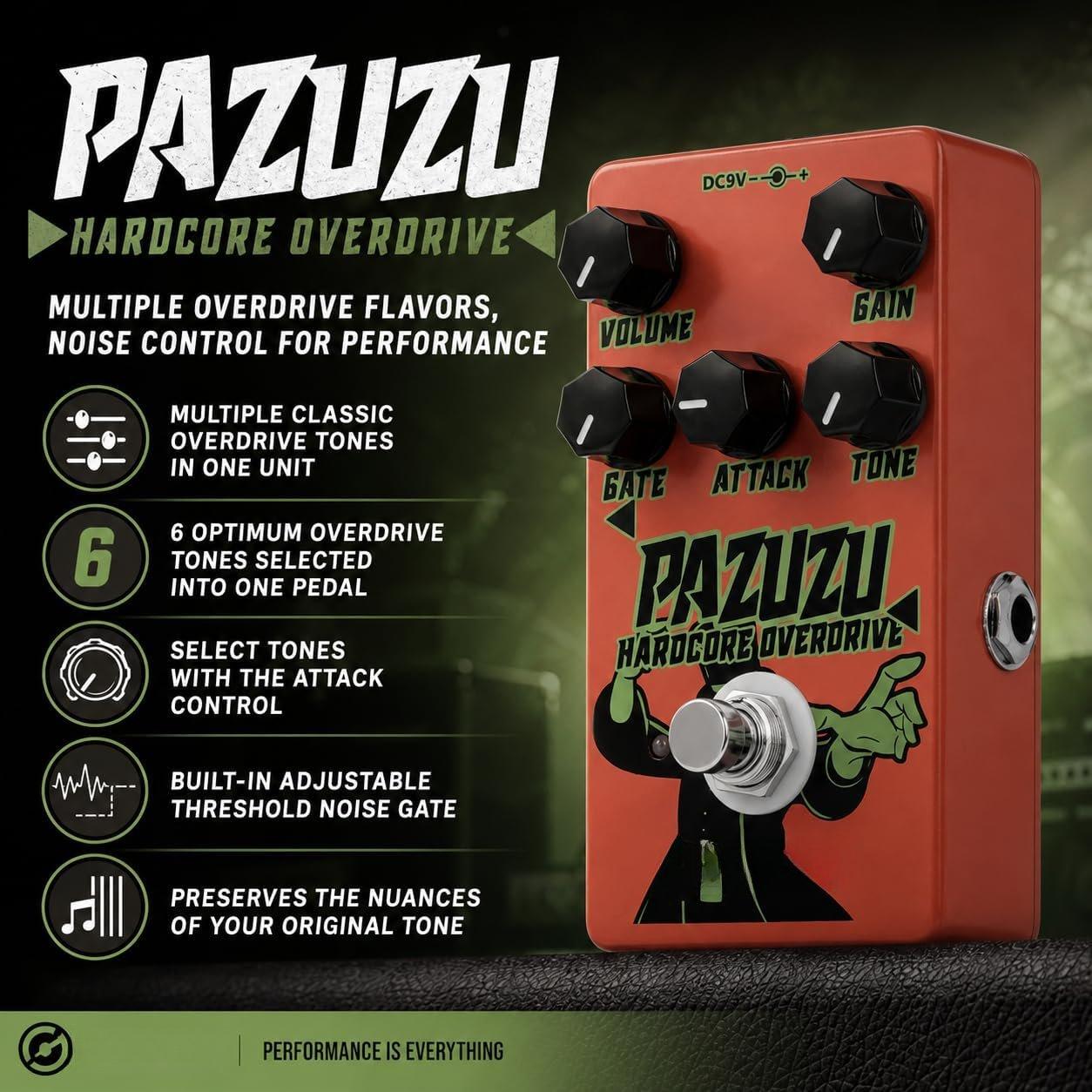 PAZUZU OVERDRIVE GK-62 - Multi-Tone Overdrive Pedal with Noise Gate, 6 Classic Overdrive Modes, Adjustable Attack & Tone Controls -  for Guitarists Seeking Versatile Overdrive