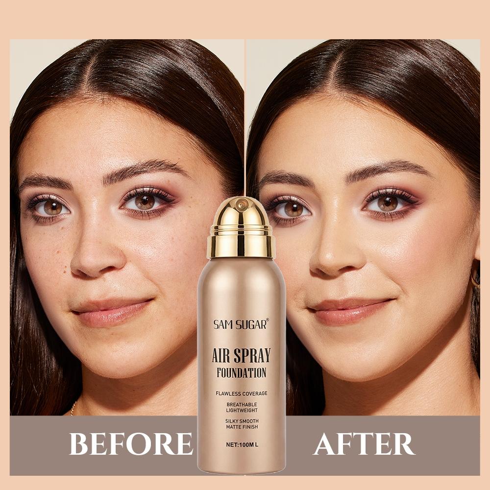 Sam Sugar Spray Foundation Liquid, Waterproof Skin-Friendly Long-Lasting Natural Lightweight Breathable Flawless Coverage Silky Smooth Matte Finish, Makeup Base
