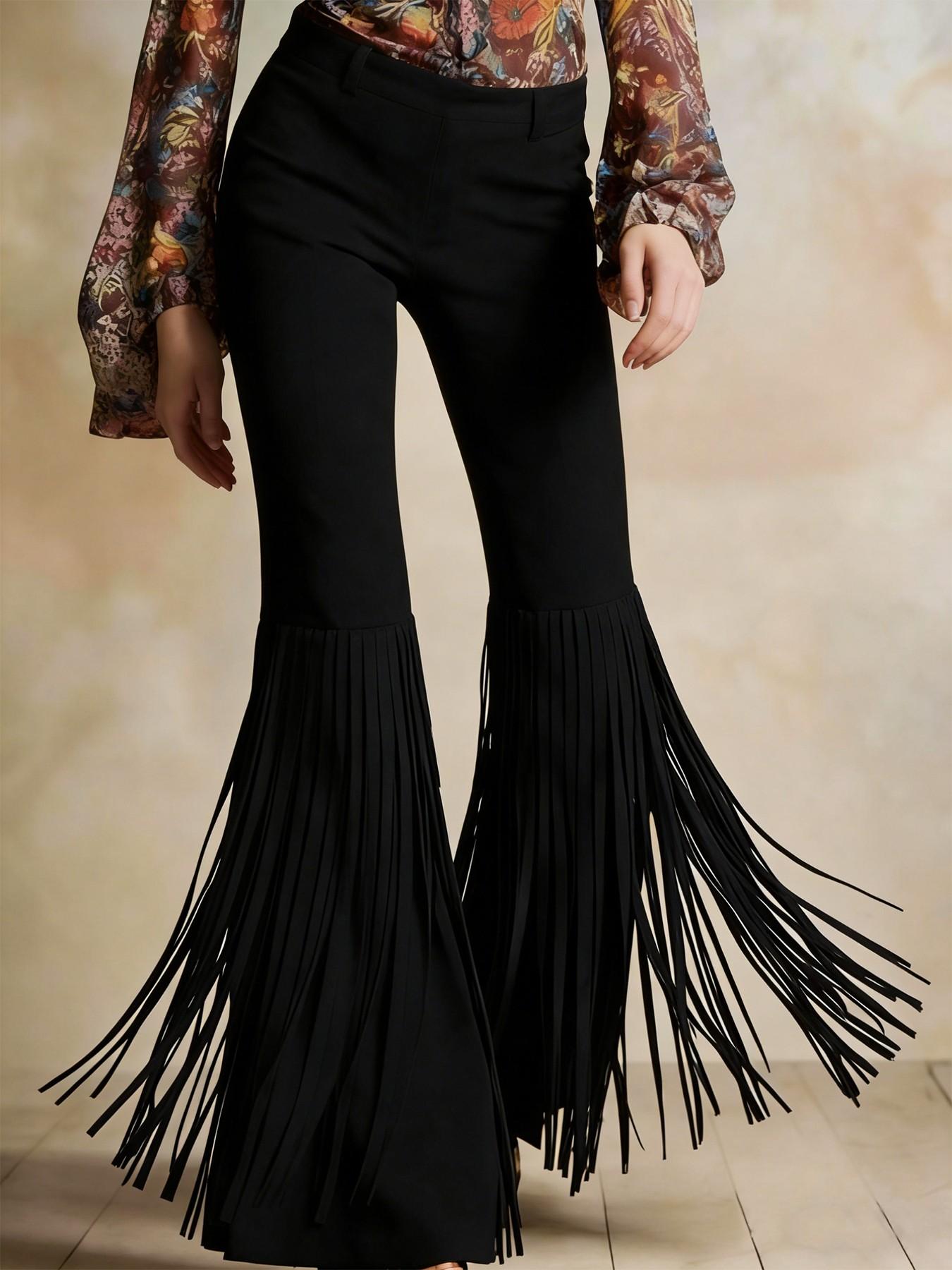 Women's High Waist Fringe Flare Pants, Retro Western Bell Bottom Trousers, Bohemian Casual Outfit, Ladies Fashion Pants, Womenswear, Vintage Fringe Pants for Party & Daily Wear