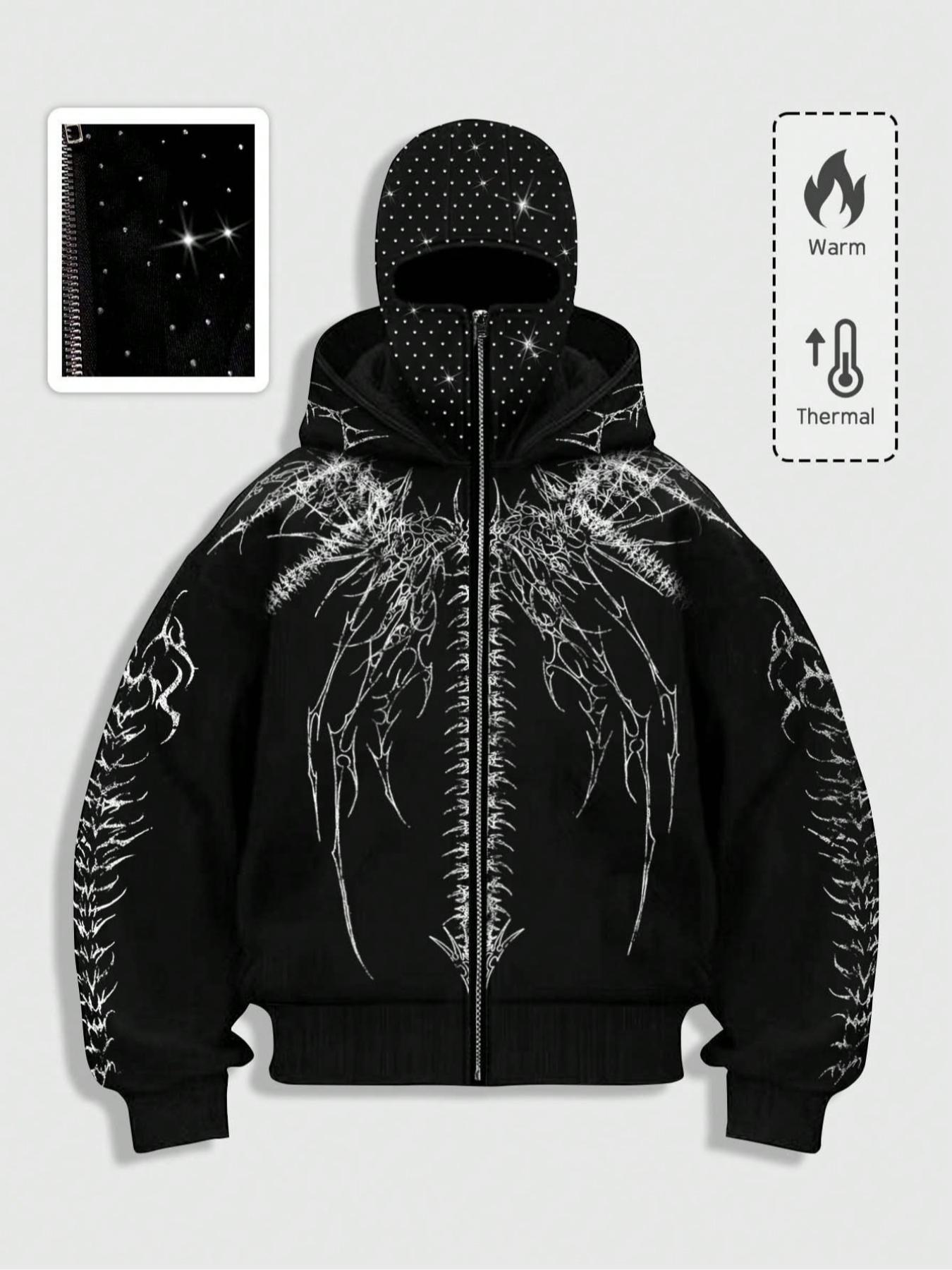 Shining rhinestones, windproof hat zipper hoodie for men, Gothic style skeleton cardigan hoodie for men and women, European and American street casual fashion brand jacket, autumn and winter velvet hoodie, party nightclub Instagram style