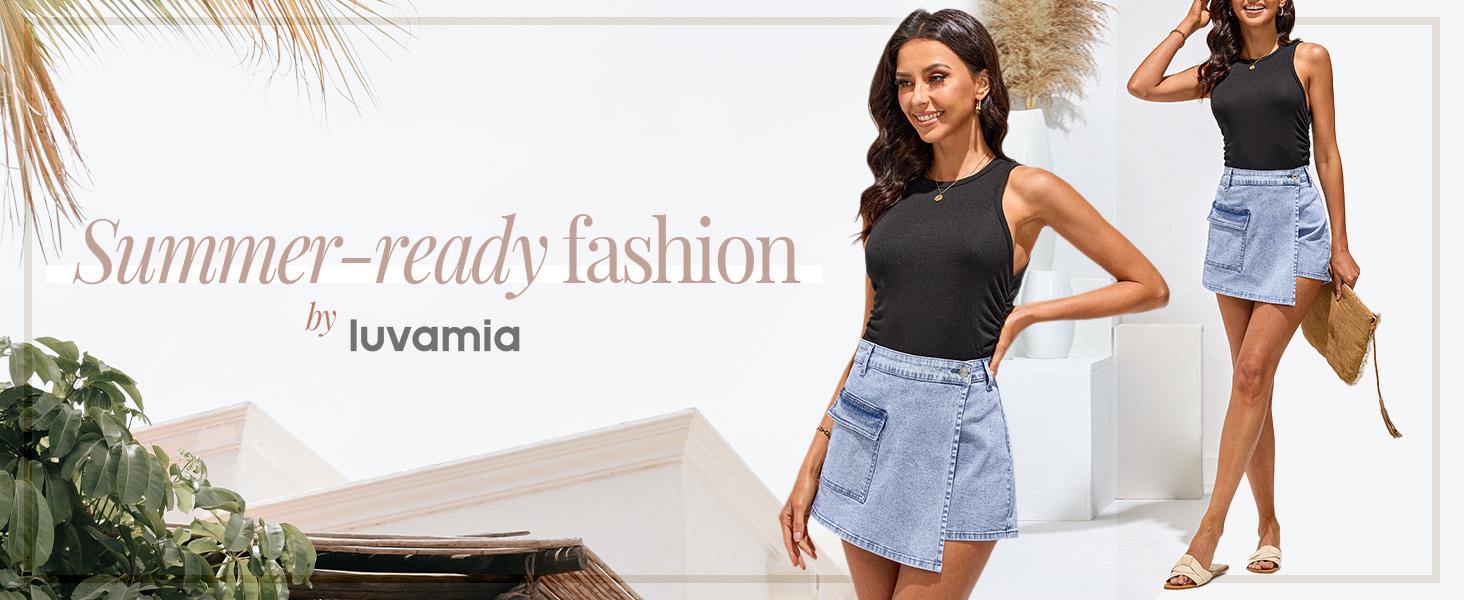 Luvamia Denim Skorts for Women Cargo Faux Wrap Jean Skort Skirts Stretchy High Waisted Skirt Shorts Country Concert Wear Womenswear
