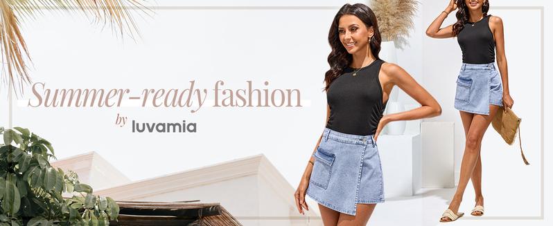 Luvamia Denim Skorts for Women Cargo Faux Wrap Jean Skort Skirts Stretchy High Waisted Skirt Shorts Country Concert Wear Womenswear