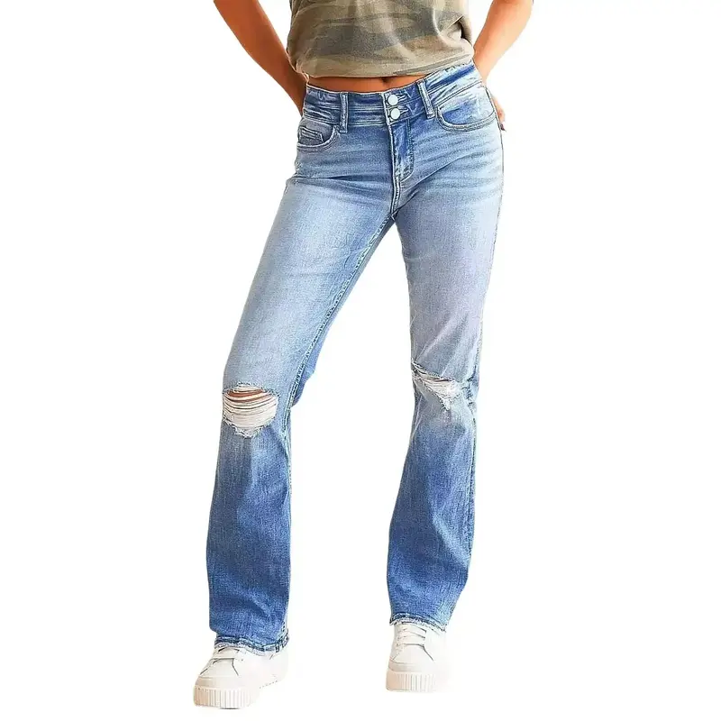 Women's mid-rise distressed straight-leg jeans, light blue wash denim pants, casual streetwear,daily,kibbe,bottom,black,sweats,High-Waisted,Ripped,raw,hem,tik,took,forum,short,torso,new,year,Low,Wide Leg Jeans,starched,mexican,,vintage,fashion,denim jean