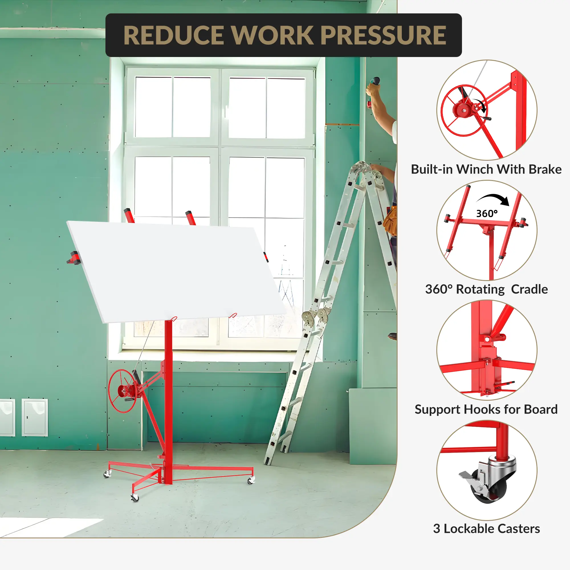 16FT Heavy‑Duty Drywall Lifter Sheetrock Lift, 150‑Lbs Capacity Panel Hoist with 3 Lockable Wheels & 360° Adjustable Telescopic Arm, Drywall Jack for Home Improvement, Red Finish