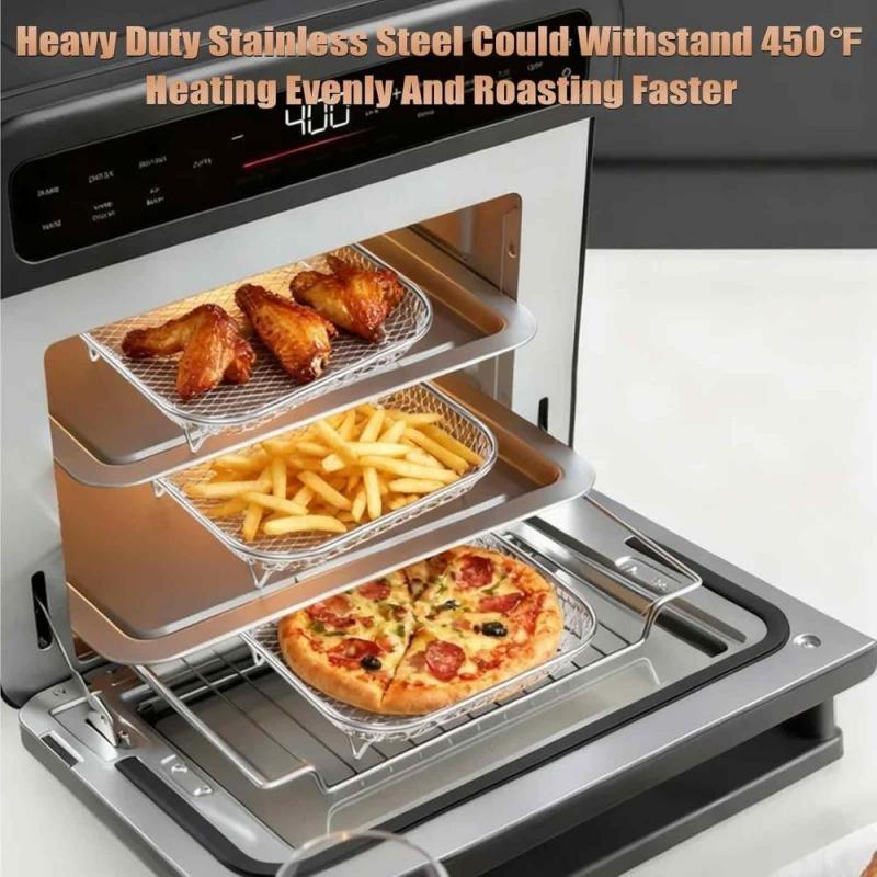 3-Piece Stainless Steel Dehydrator Rack Set, Stackable 8-Inch Square Air Fryer Rack with Silicone Feet, Oven & Deep Frying Safe