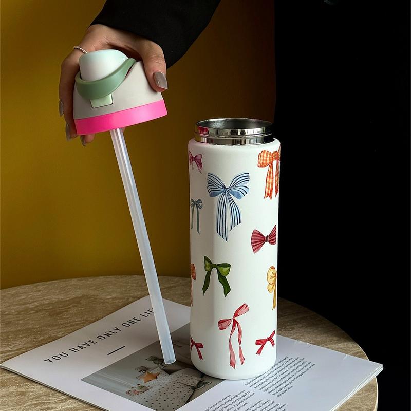 Bow Pattern Stainless Steel Vacuum Flask, Leakproof Insulated Tumbler, 1 Count Portable Insulated Water Bottle with Straw, Drinking Cup for Home Office School Outdoor Camping, Drinkware