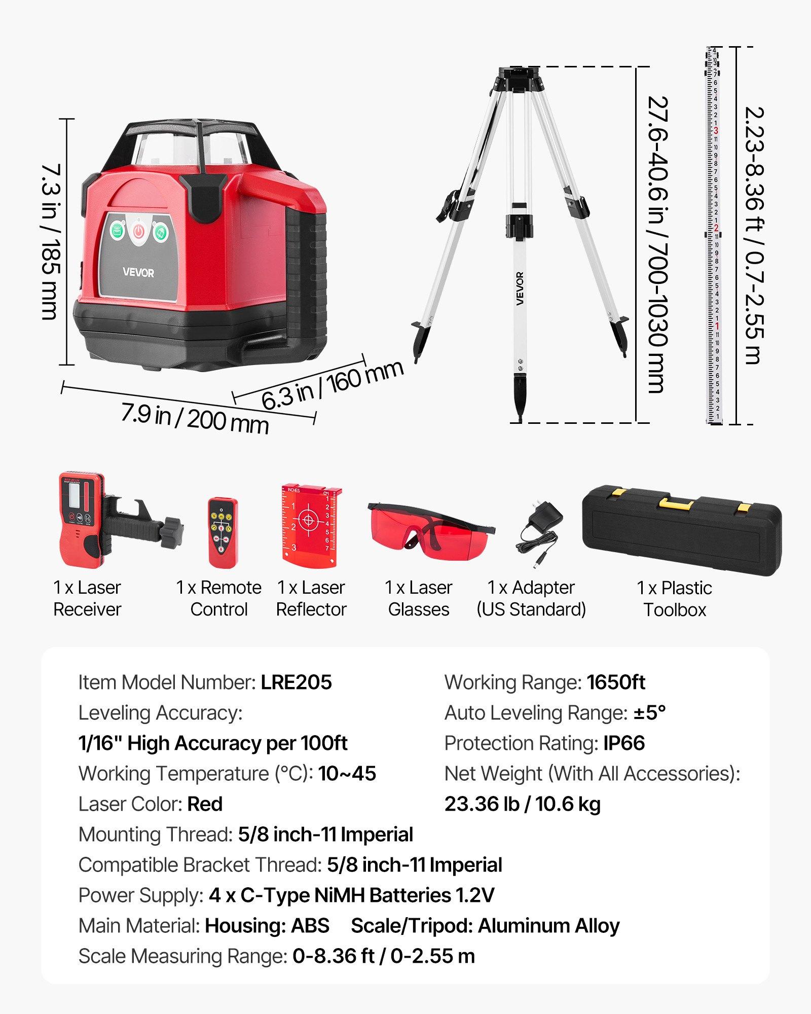 VEVOR Self-Leveling Rotary Laser Level Complete Kit, 1650ft 360-Degree Red Horizontal Laser Transit, Includes Heavy-Duty Tripod, Receiver, Remote Control, Toolcase, IP54 Waterproof, 0.06 in/100 ft for Construction, Includes Tripod