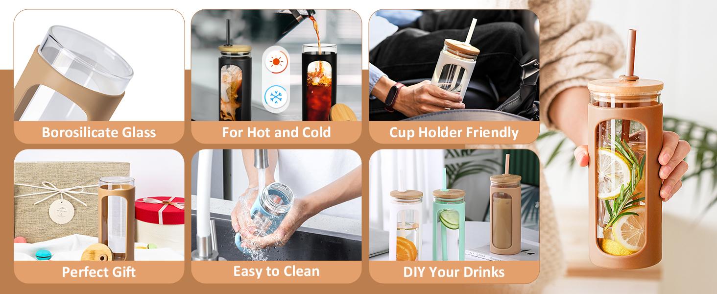 WINSA 20oz Glass Water Tumbler with Straw and Lid, Bamboo Lids Water Bottle, Iced Coffee Cup Reusable, Wide Mouth Smoothie Cups with Protective Silicone Sleeve BPA FREE