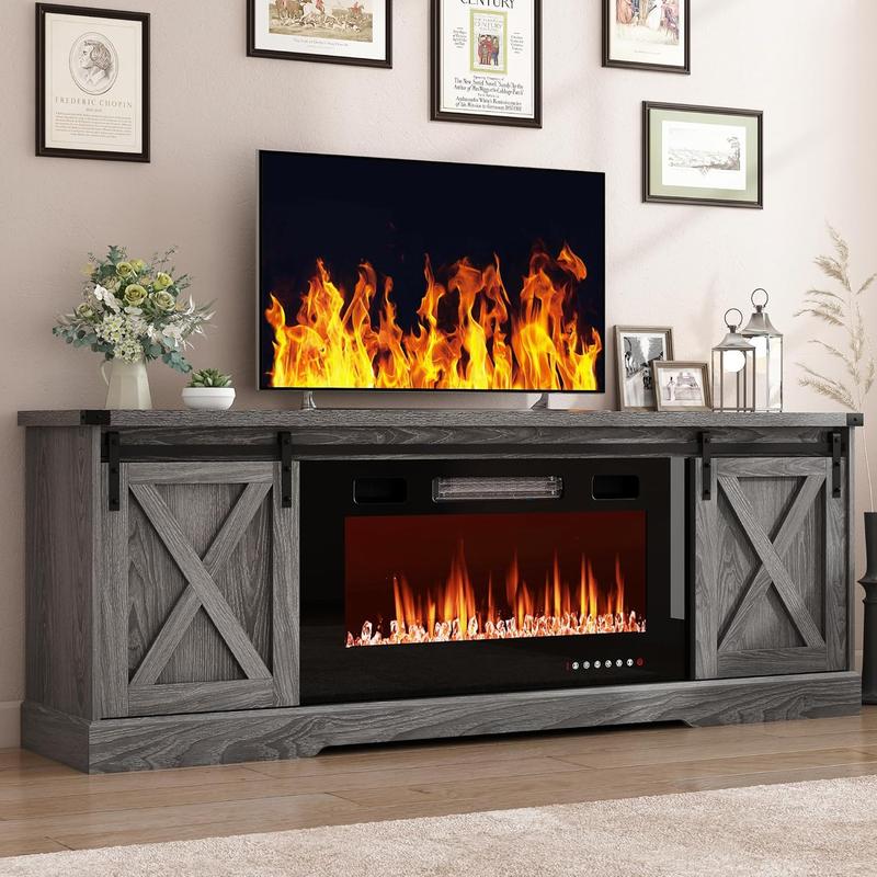 Farmhouse Fireplace TV Stand / Farmhouse TV Stand for 70/75/80 Inch TV, 70 inch Entertainment Center Storage Cabinets with 36”Electric Fireplace and Sliding Barn Doors, Media Console Cabinet for Living Room