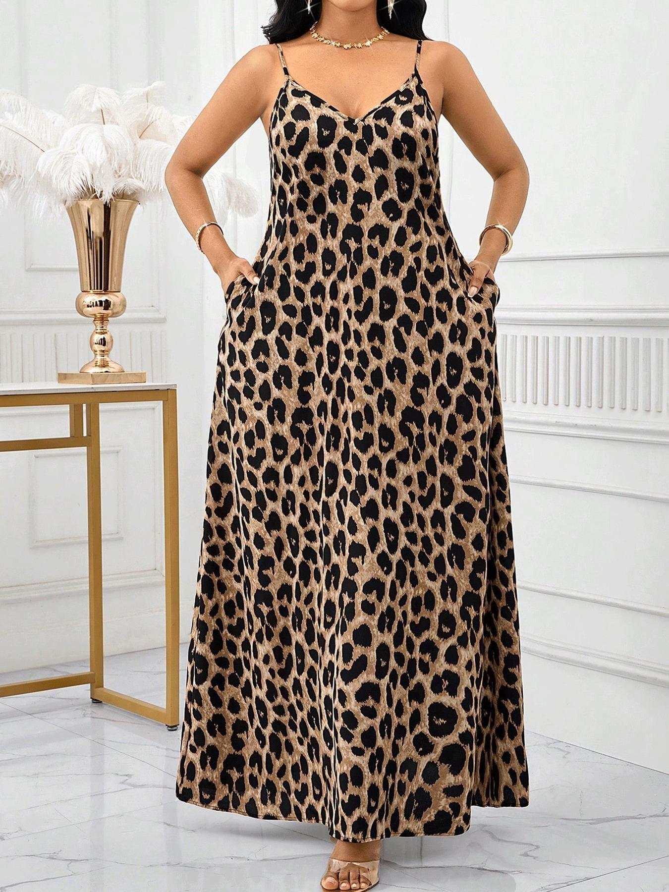 Summer Leopard Print Halter Dress, Long A-Line Maxi Dress, Casual V-Neck Dress with Pockets, Loose Fit Beach Dress, Ffsp063