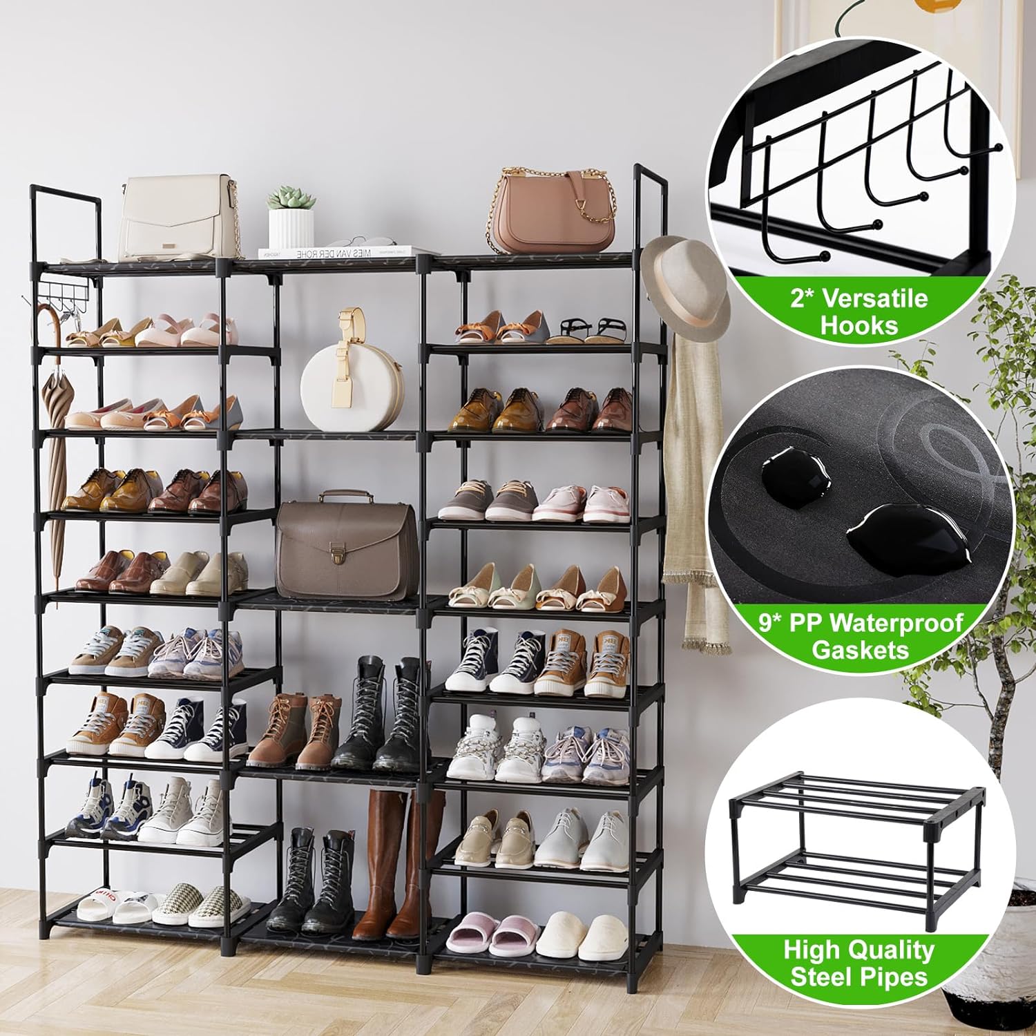 MOMOK 9 Tiers Shoe Rack Organizer,  Max Holds 55 Pairs, Metal Shoe Storage, Shelf with Hooks for Entryway, Garage, Black