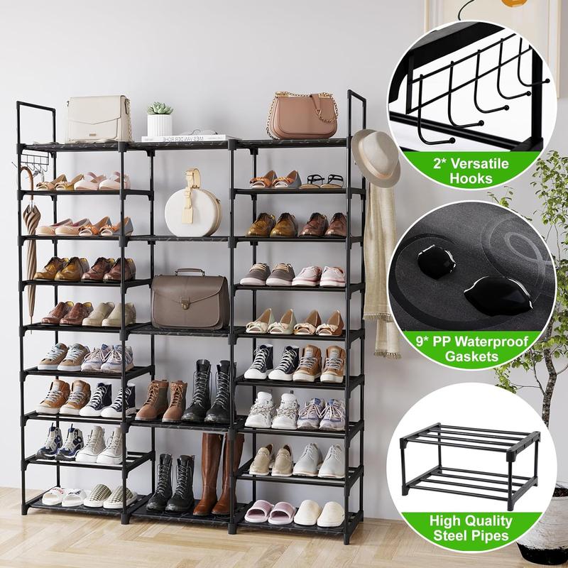 MOMOK 9 Tiers Shoe Rack Organizer,  Max Holds 55 Pairs, Metal Shoe Storage, Shelf with Hooks for Entryway, Garage, Black