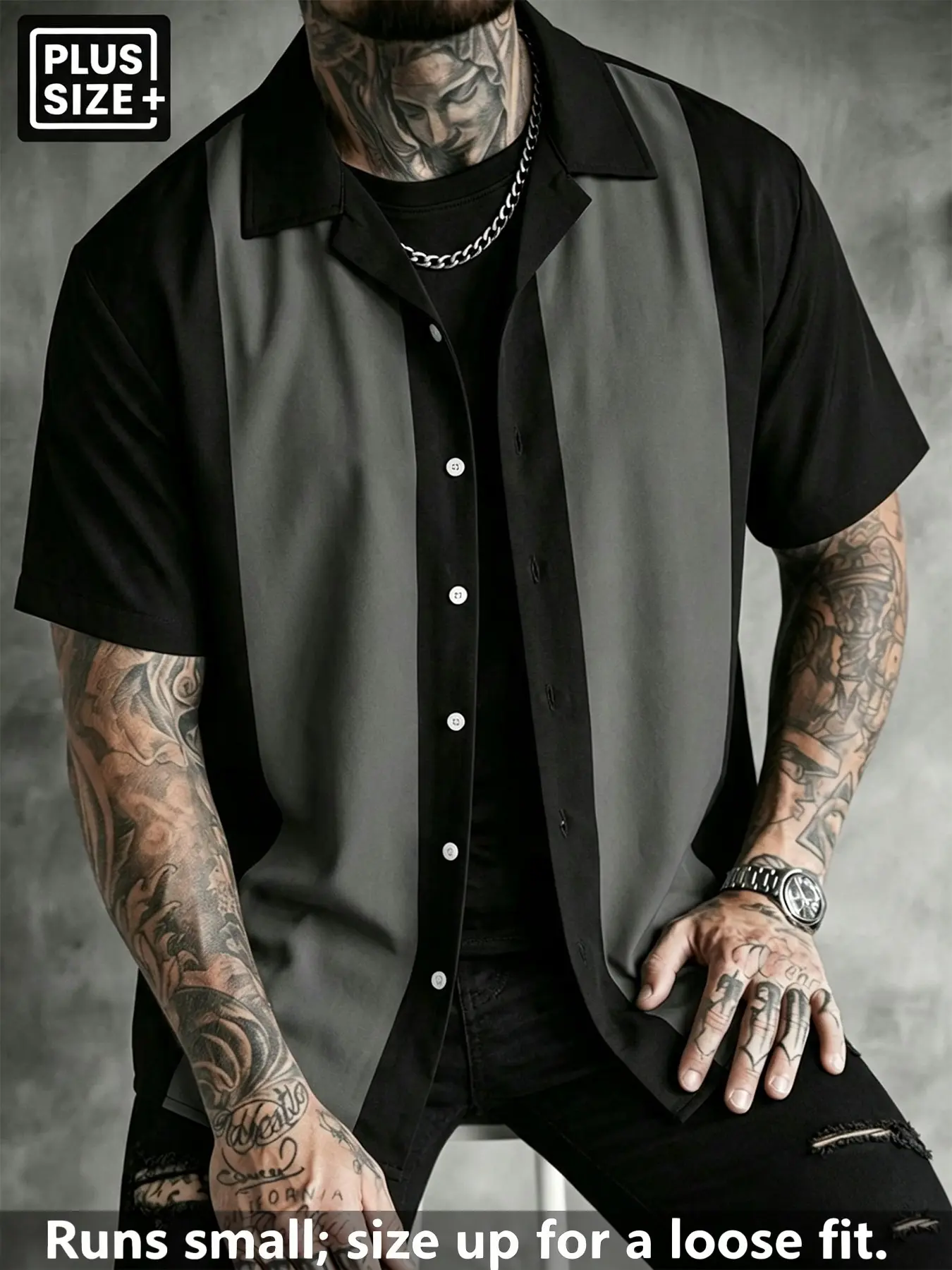 Men's Plus Size Black & Gray Color Block Camp Collar Shirt, Retro Vintage Classic Bowling Style Casual Button-Down Top, Summer Vacation Beach Streetwear Versatile Open Shirt Menswear Button Down Front