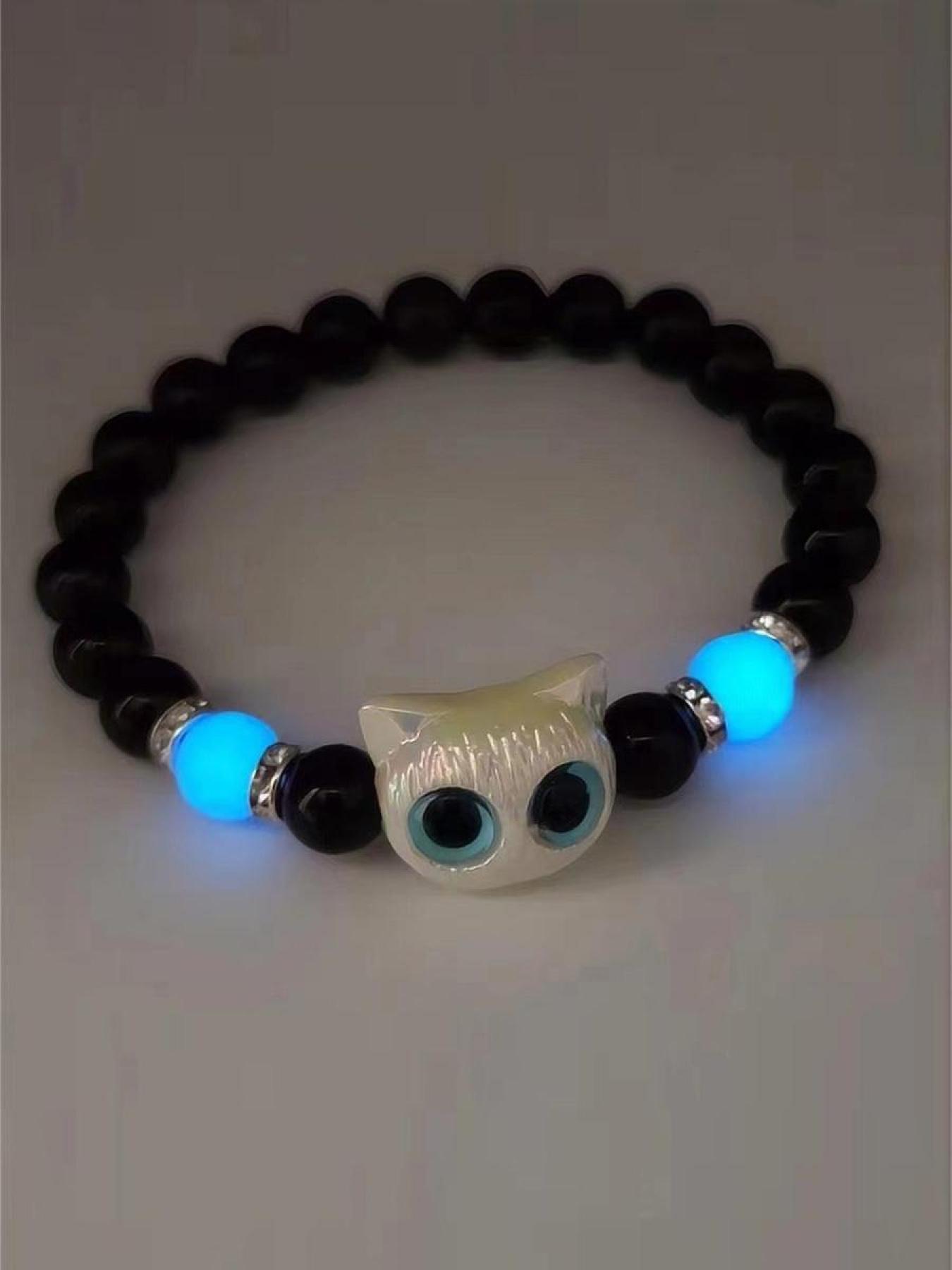 Cute Cat Charm Glow in the Dark Beaded Bracelets, Trendy Animal Pattern Jewelry, Casual All-Season Accessory for Women & Men
