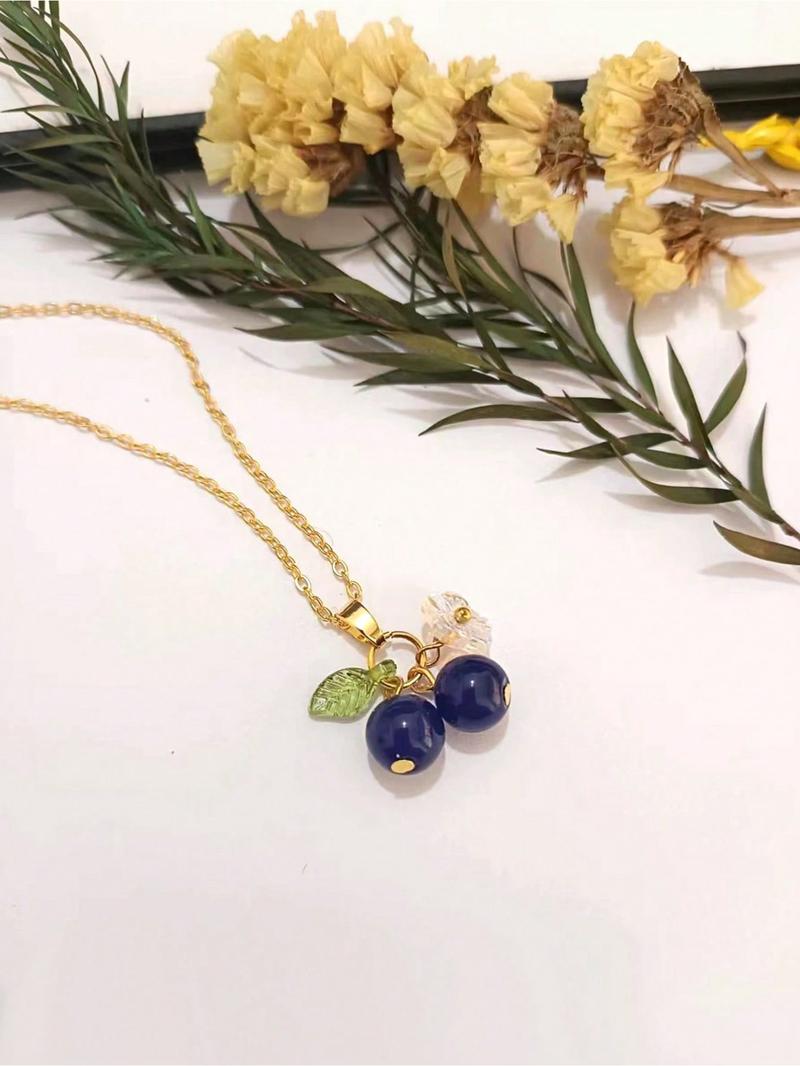 Fashion Trendy Blueberry Acrylic Leaf Flower Pendant Necklace, Simple Design Women Fruit Party Vacation Versatile Necklace