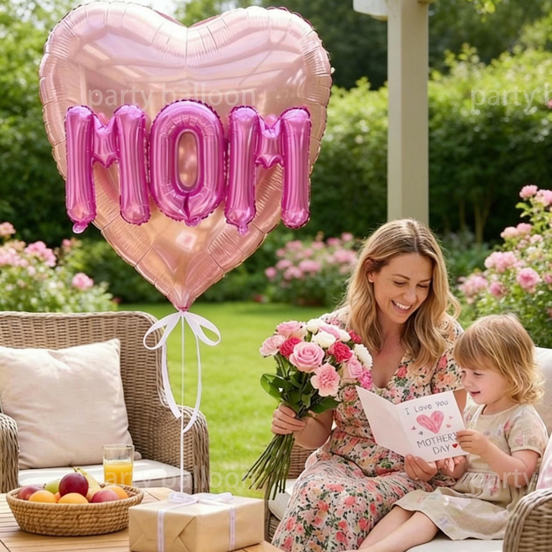 6 Heart Foil Balloons Set, Mother's Day Gift, 32 Inch Love Heart, 16 Inch Mom Letter, Home Decor, Party Props, Store Display