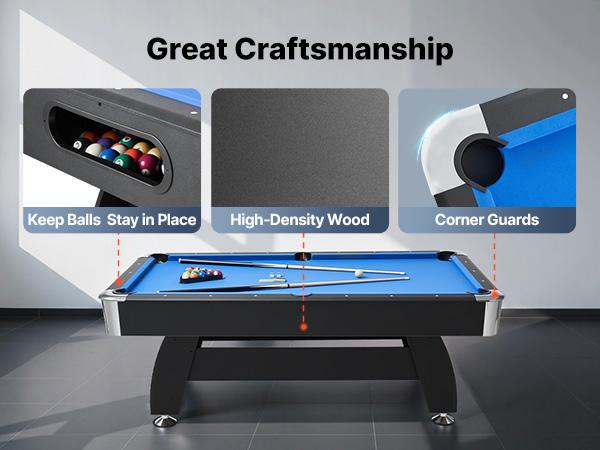 VEVOR Pool Table, 7 ft Portable Billiards Tables, Adjustable Feet Stable Game Table, Entertainment Set Includes Ball, Cue, Rack, Chalk and Brush, Black with Bule Cloth, for Family Use, Recreation Room