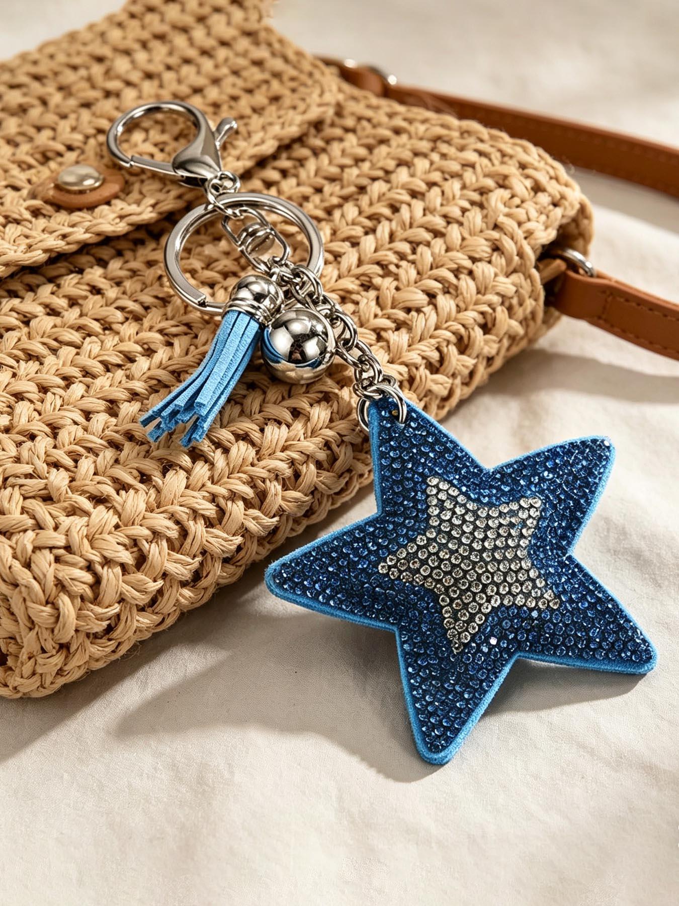 Elegant Two-Tone Rhinestone Star Sequin Keychain, Boho Style Beach Bag Charm, Dual-Sided Design, Fringe Key Ring Accessory