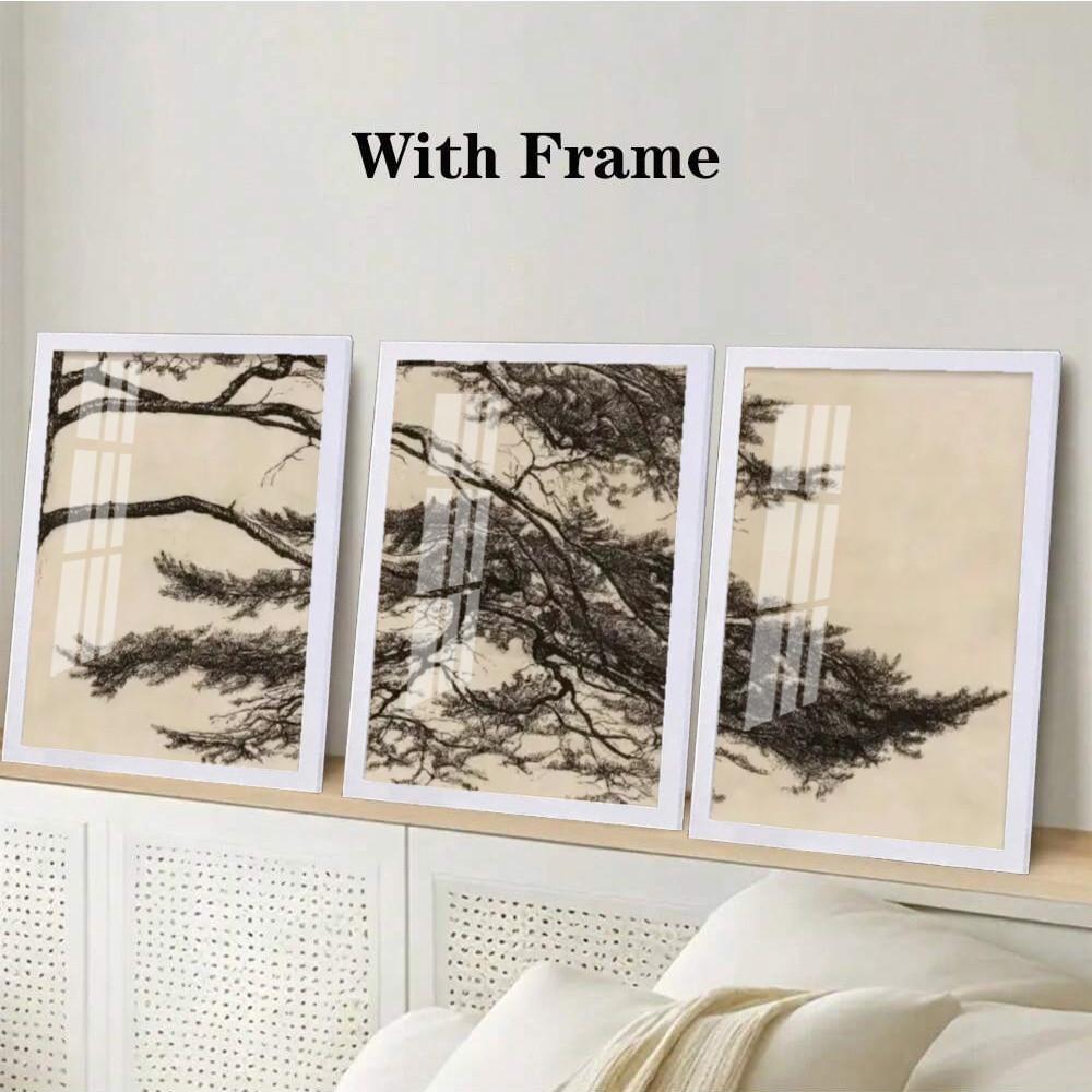 3-Piece Optional Wooden Frame Vintage Pine Tree Branch Botanical Art Poster High Grammage Moisture-proof Micro-spray Flat Surface No Color Difference Home Wall Decor