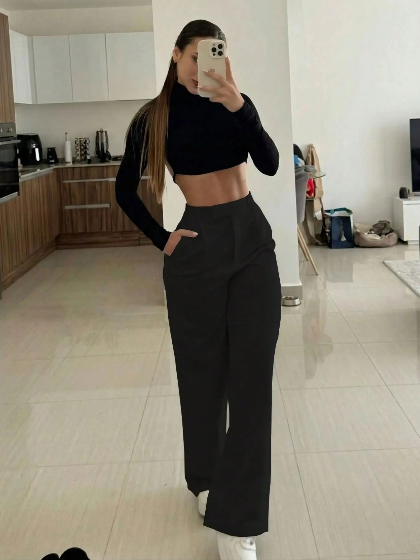 Women's High-Waisted Wide-Leg Suit Pants, Pleated Loose Straight Leg with Pockets, Casual Office Wear, Side Pocket Design