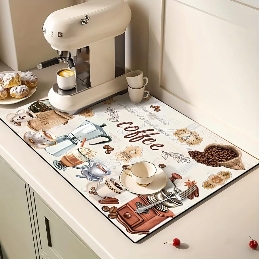 1pcs, Tableware drying pad, coffee machine pad, Coffee table mat, drying pad with watercolor retro coffee machine and cup design, polyester fiber - durable, highly absorbent, easy to clean drying pad, desktop decorative pad