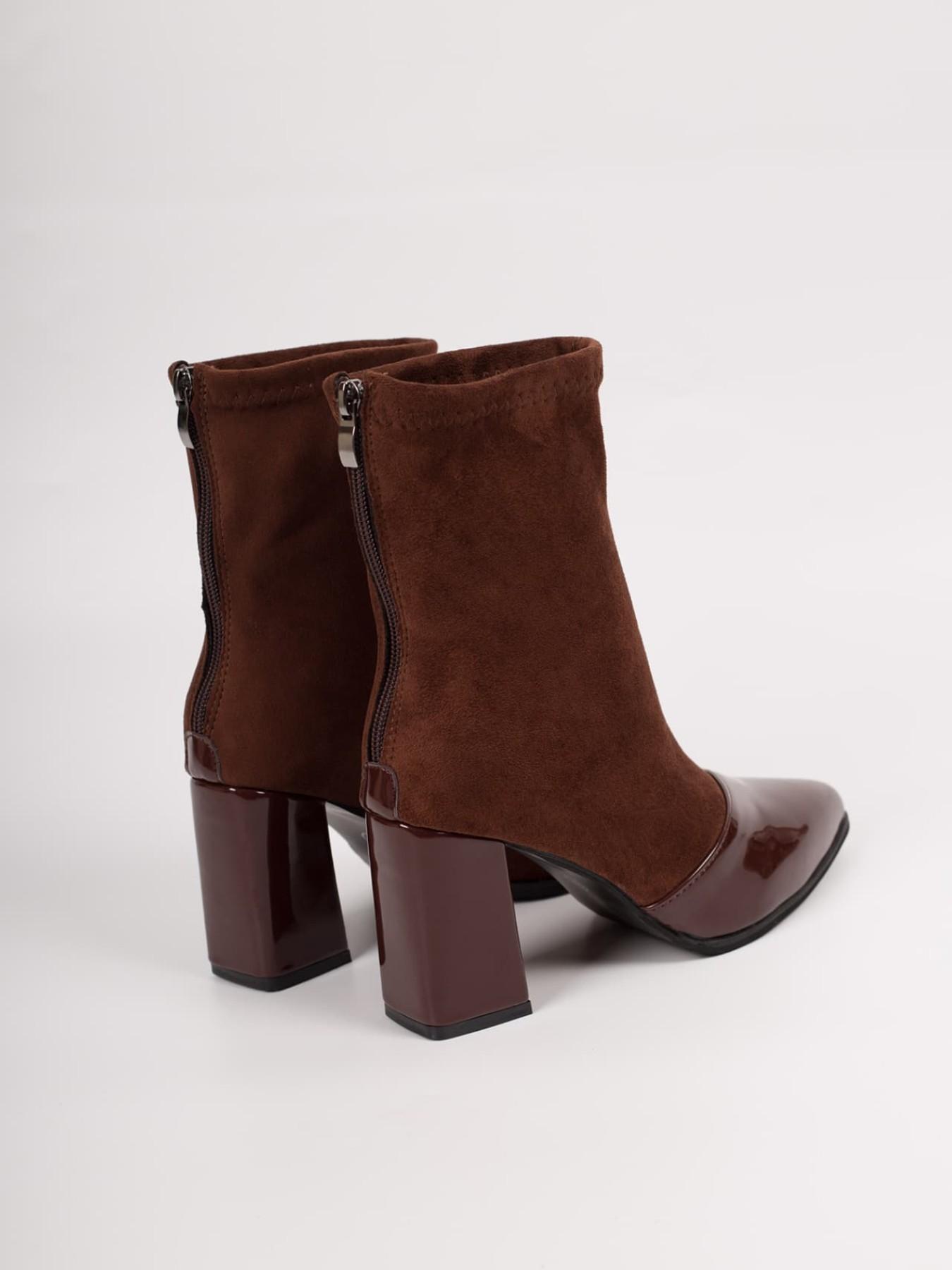 Chunky Block Heel Mixed Material Ankle Boots For Women, Glossy Toe Splice Stretch Elastic Pointed Ankle Shoes With Back Zip Closure, Snug Fit Top Edge Party Footwear, Full Size Range For Date Night Evening Social Present Choice