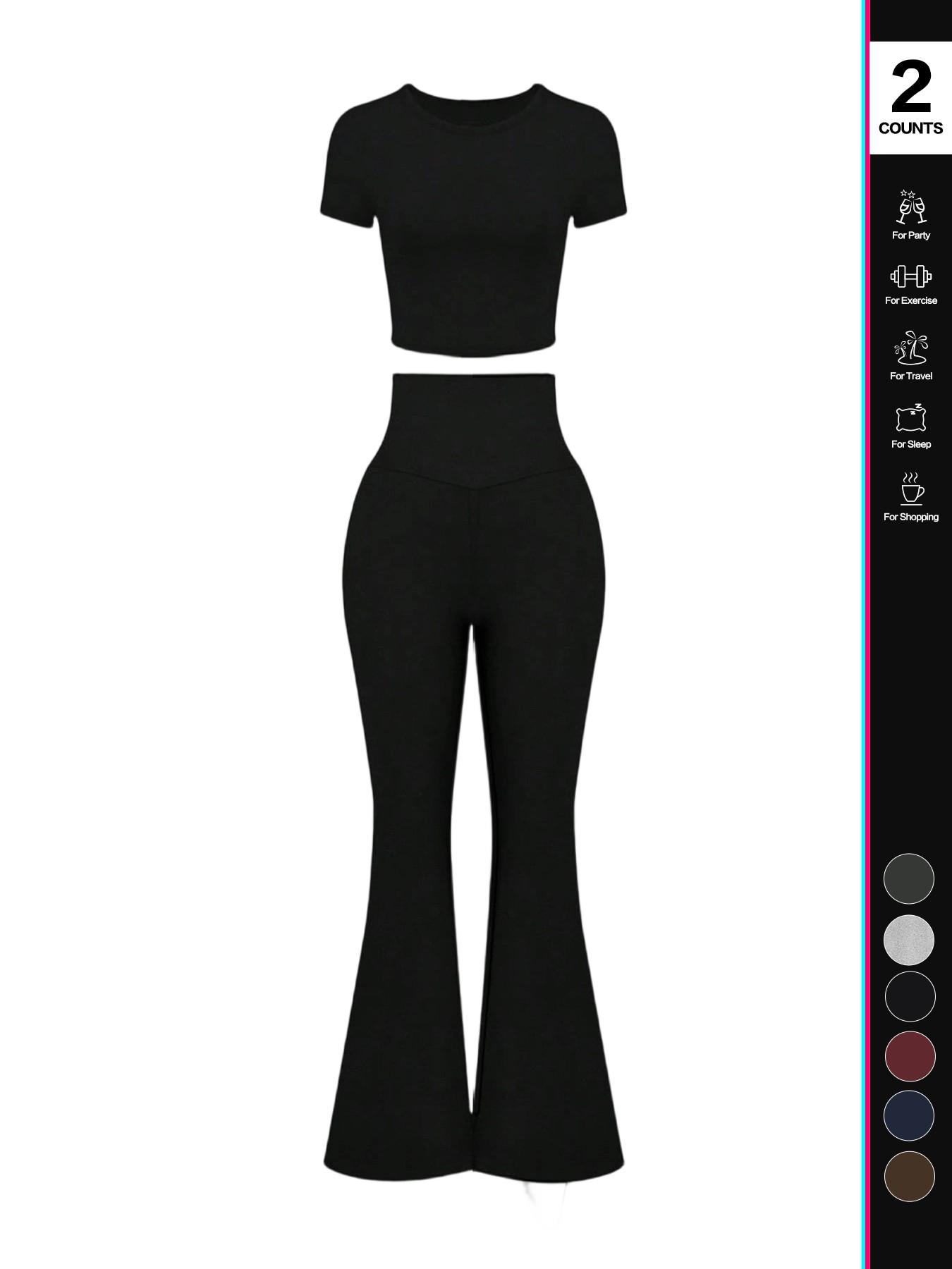 Women's High Waisted Flare Pants Set, 2 Piece, Short Sleeve Cropped T-Shirt Top, Bell Bottom Workout Sets, Casual Fashion, Athleisure Wear