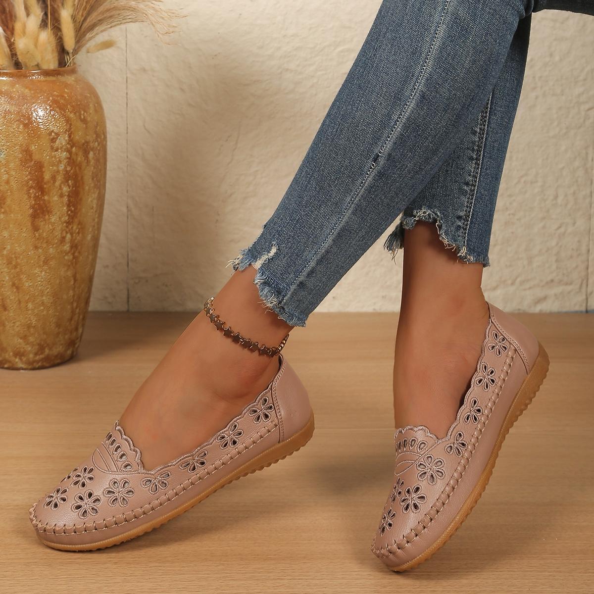 Goreyodoly Womens Wide Fit Round Toe Casual Slip On Flats, Breathable Slip Ons, Hollow Floral Lightweight Comfortable Walking Shoes All Season Office Travel Commuting Home Wear Soft Cushioned Insole Rubber Slip Resistant Durable Versatile Footwear