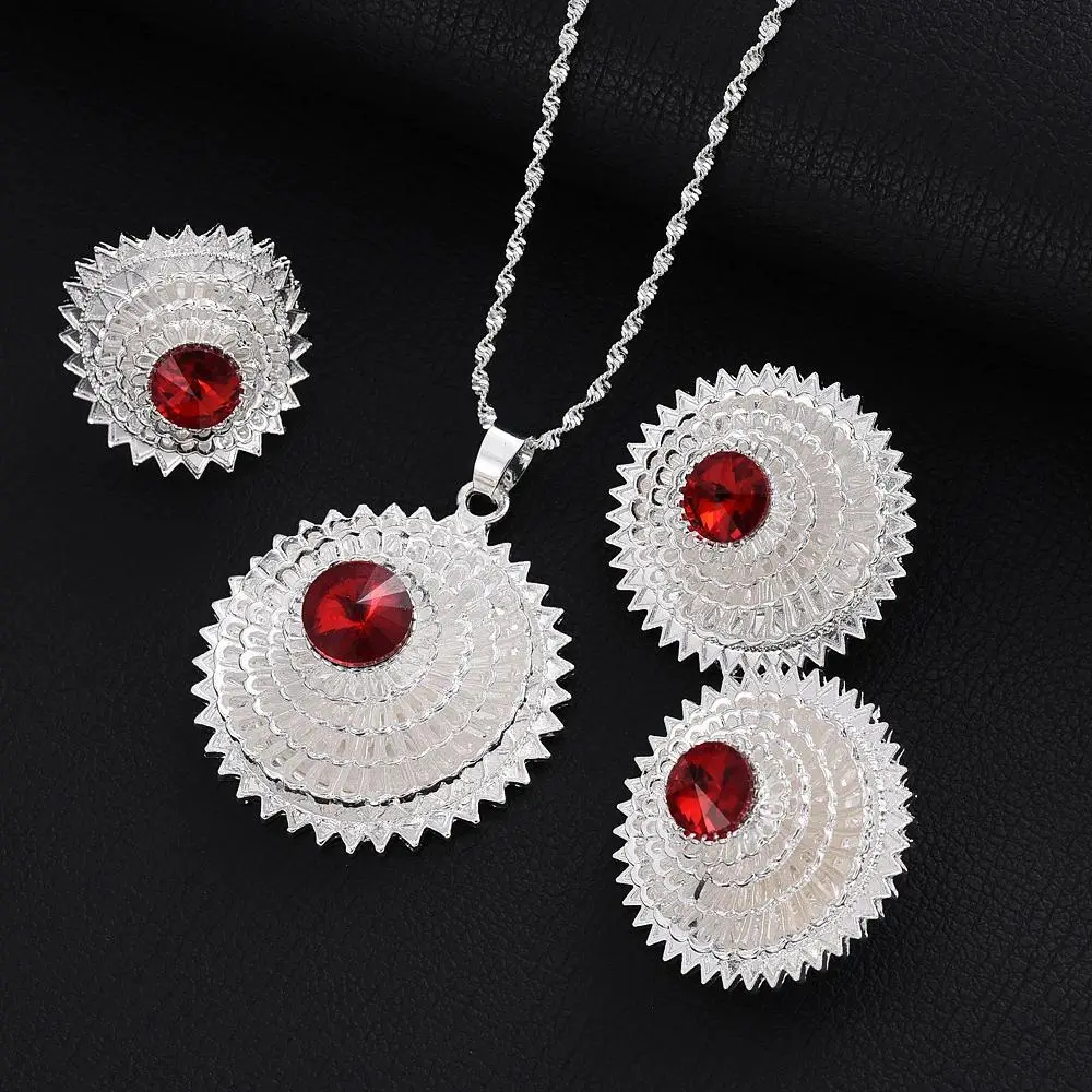 Eritrea Cute Big Red Zirconia Jewelry Set for women Ethiopian Silver plated Pendant/Earring/Ring Africa Bride Wedding Party Gift